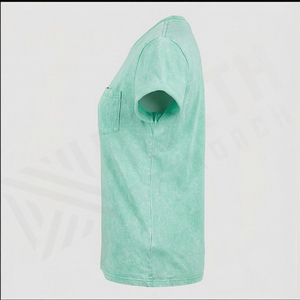 T-shirt décontracté pour femme, vert menthe, col rond, manches courtes, avec poche, 100 % coton jersey, style printemps-été - Product Image 3