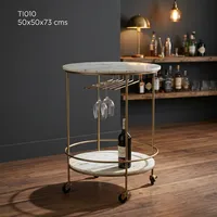 Chariot de bar moderne en fer et marbre, chariot de service rond à roulettes, cadre en métal doré, étagère de rangement à deux niveaux, porte-verres