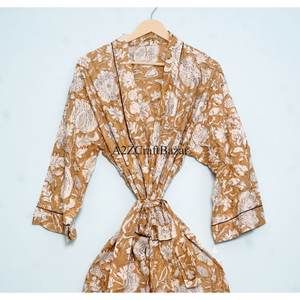 Albornoz de lujo 100% algodón, largo hasta el suelo, lavable, transpirable, para mujer, tipo kimono, con estampado a mano y cintura natural. - Product Image 3