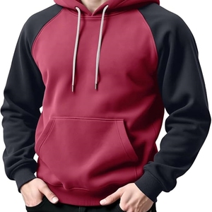 Sweat-shirt à capuche pour homme rouge et noir à manches raglan avec poche avant, pull en polaire décontracté, coupe classique, pour l'automne - Product Image 2