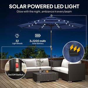 Sombrilla de patio azul marino de 9.7 pies con energía solar, manivela de inclinación de 3 niveles y luces LED - Product Image 4