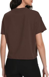Women's Brown Crew Neck <b>Cropped</b> T-Shirt Knitted Solid Color Workout Short Sleeve <b>Top</b> - Product Image 6