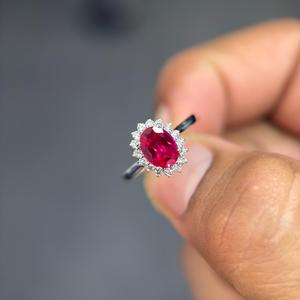 Bague Halo en Or 14K avec Diamant de Laboratoire Taille Ovale et Pierre Précieuse Rubis pour Femme, Bijoux Fins, Bagues de Doigt - Product Image 1
