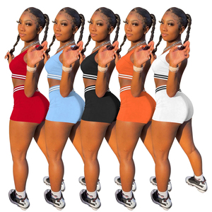 Women's Sporty 2-Piece Set Asymmetrical Collar Sleeveless 100% Cotton Seamless Crop Top <b>High</b> Waist Shorts Skinny Fit Summer - Product Image 4