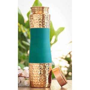 Half Hammered Half Green Color Silk Finish <b>Copper</b> Water <b>Bottle</b> Handmade Pure <b>Copper</b> <b>Drinking</b> <b>Bottle</b> For Daily Hydration - Product Image 5