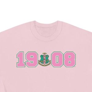 Light Pink Crewneck Sweatshirt with Pink and <b>Green</b> 1908 Graphic Print Long Sleeve Cotton Fleece Casual Women's Pullover Top - Product Image 2