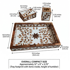 Handcrafted Wooden Arabic Incense Burner Set With Elegant Floral Leaf Inlay, <b>Matching</b> Tray, Storage <b>Box</b> And Brass Cup Accent - Product Image 3