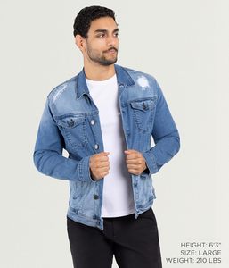 Men's Denim Jacket <b>Light</b> Blue Washed Cotton Casual Turn-down Collar Regular Sleeve Spring Style Frayed Detail - Product Image 2