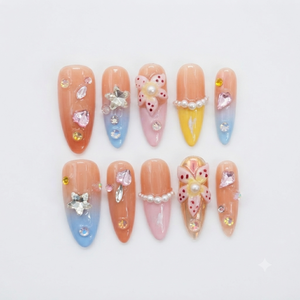 Blush Nebula Long Almond Nails Dreamy Girly Korean Glam Chic Party-Ready Diva Soft Pink Macaron Blue Macaron Yellow Creamy White - Product Image 1