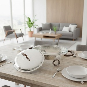 Plat à chafing en argent martelé le plus vendu avec base décorative en forme de roue et poignées à motifs pour service de traiteur de luxe - Product Image 4