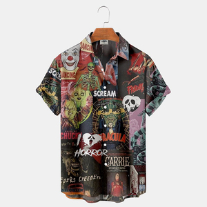 Chemise à manches courtes avec imprimé de personnages de films d'horreur multicolores, haut décontracté en coton pour Halloween - Product Image 3