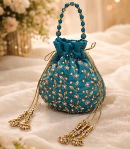 Elegant Light Blue Silk Potli Bag With Gold Beaded Embroidery Pearl Trim Handmade Evening Party Drawstring <b>Purse</b> - Product Image 5