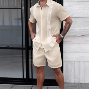 Chemise décontractée à manches courtes pour homme avec bordure en dentelle blanche, idéale pour l'été - Product Image 2