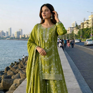Ensemble de costume palazzo élégant en soie chinon brodée avec dupatta - Product Image 1