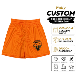 Shorts de football athlétiques mi-longs pour hommes, personnalisés, sublimés, orange uni, respirants, à taille élastique, 100 % polyester - Product Image 1