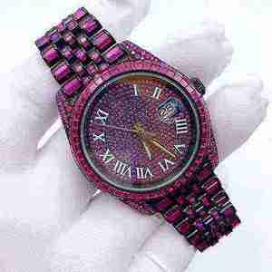 Montre de luxe pour femme en quartz rose moissanite, boîtier rond, cadran analogique, bracelet entièrement serti de pierres - Product Image 1
