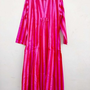Vestido Kaftán Largo a Rayas de Algodón para Mujer, Hecho a Mano en India, Transpirable, Estilo Boho Casual - Product Image 2