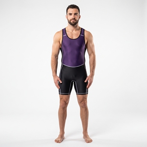 Combinaison de lutte pour homme en spandex violet et noir, polyester, une pièce, avec bordure de couleur, extensible, vêtements de sport, tenue d'entraînement - Product Image 1