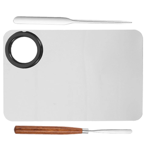 Palette de mélange en acier inoxydable avec spatules à manche métallique et pinceaux plume super badger pour usage cosmétique et laboratoire - Product Image 2