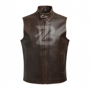 Chaleco de Cuero Genuino para Hombre, Color Marrón Oscuro, Cuello Alto, Cierre de Cremallera, Chalecos y Abrigos para Hombre Directo de Fábrica - Product Image 1