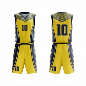 Ensemble de maillots de basket-ball personnalisés pour adultes unisexes, jaune bleu marine, col en V, manches longues, impression numérique, numéro 10, respirant, séchage rapide - Product Image 5
