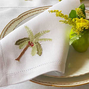 Custom Wholesale Washable Embroidery Palm Tree <b>Placemat</b> & Napkin Set White Linen Hemstitch Mats for Home Wedding Events - Product Image 3