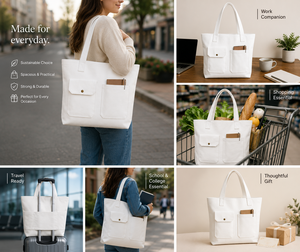 <b>White</b> Canvas Fashion Tote <b>Bag</b> 16 in with Front Pockets Customized Closure for Shopping & Travel - Product Image 4