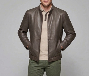 Chaqueta de Cuero Genuino Azul Marino para Hombre, Cuello Alto con Cierre, Estilo Casual Elegante, Abrigo de Otoño - Product Image 3