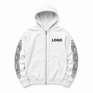 <b>White</b> Mens 100% Cotton <b>Zip</b> <b>up</b> Hoodie Relaxed Fit Drawstring Hood Front Pocket Graphic Sleeve Design custom label - Product Image 1