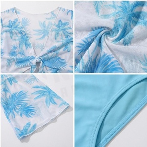 Women's Blue Palm Print 2 Piece Tankini <b>Set</b> Deep V Neck Twist Top With Ruched <b>Skirt</b> Stretch Swimwear - Product Image 4