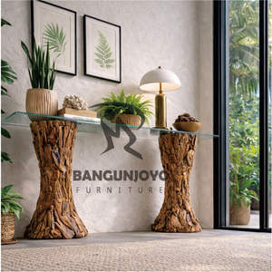 Mesa de Consola Hecha de Madera de Teca Sólida con Vidrio Transparente, Diseño Moderno, Duradera para Hogares, Hoteles y Villas - Product Image 2