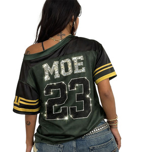 Maillot de football américain tendance Y2K en maille ornée de strass, coupe épaules tombantes, imprimé numéro, style streetwear scintillant – Fournisseur - Product Image 4