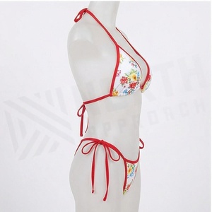 Floral Print 2 Piece Bikini Set With Red Contrast Binding <b>Crossed</b> Halter <b>Top</b> And Tie Side Bottoms Women's Swimwear - Product Image 3