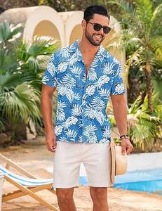 Camiseta para hombre, camisetas frescas de verano, camisetas con estampado tropical de playa, camisetas con cuello en V y botones, camisetas florales de manga corta - Product Image 2