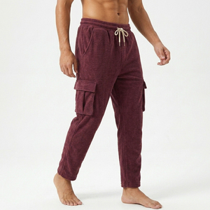 Pantalon de jogging décontracté pour homme en molleton bordeaux, taille élastique, poches latérales, poids moyen, respirant, tricoté, style automne - Product Image 2