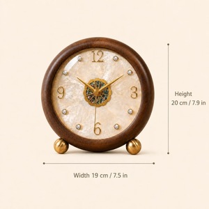 Horloge de bureau circulaire en bois avec cadran perlé, accents dorés, mouvement à quartz silencieux, design traditionnel - Product Image 2