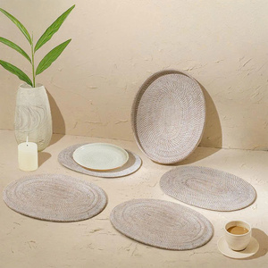 Set of <b>White</b> Wash Rattan Placemat, Handcrafted <b>Round</b> Wicker Decorative Placemat for Coastal Coffee <b>Table</b> Styling - Product Image 1