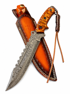 Cuchillo Bowie Welltrox Industries para Camping y Caza, Acero de Damasco, Mango de Madera, Hoja con Borde Serrado, Longitud Total de 15 Pulgadas - Product Image 3