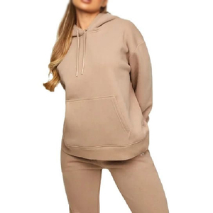 Women Plus Size Beige Cotton Tracksuit Set Hooded <b>Sweatshirt</b> Full Length Pants Side Pockets Casual Autumn Solid Color Loose Fit - Product Image 2