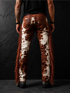 <b>Men's</b> Brown <b>White</b> Cowhide Print Western <b>Pants</b> With Tassels Mid Waist Button Fly Vintage Style Heavyweight Fabric - Product Image 6