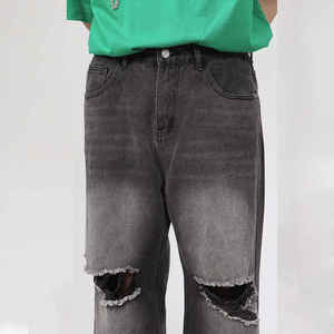 Jean déchiré pour homme, délavé à l'acide, style Monkey Wash, avec trous, en denim vintage noir, coupe baggy - Product Image 4