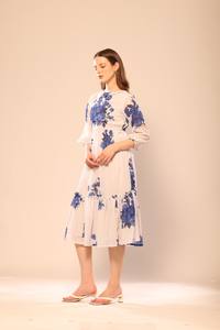 Fashion Women White Floral Printed Maxi Dress with <b>Three</b> Quater Sleeves Evening Dress for Daily Wear for Export Selling Price - Product Image 3