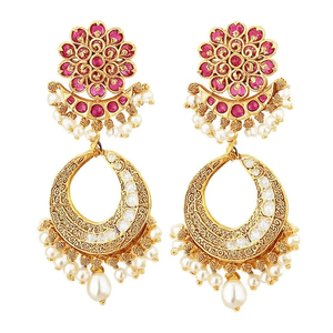 Vintage Bohemian Drop Earrings-Moon Kemp Jhumkis with Pearl and Flower Design Zinc Alloy Religious Style Wedding Gift - Product Image 2