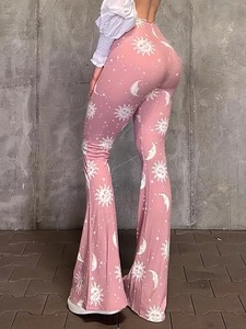 Pantalon évasé taille haute à imprimé céleste pour femme, legging de yoga à jambe large, motif soleil et lune sur toute la surface, extensible, coupe cloche - Product Image 4