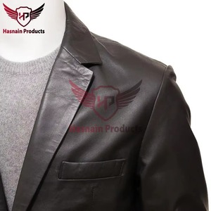 Mens Real Black <b>Leather</b> <b>Blazer</b> Slim Fit Formal Suit Two Button Cowhide Coat Notch Lapel Custom Classic Fashion Business - Product Image 2