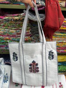 Cotton White Handblock Print Bohemian Style Indian Big Size Tote Bag From Rajasthan - Product Image 5