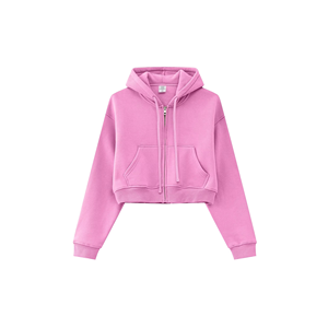 Sweat à capuche court rose pour femme, fermeture éclair intégrale, poche avant, en molleton, idéal pour l'automne, doublure en molleton brossé, finitions côtelées - Product Image 1
