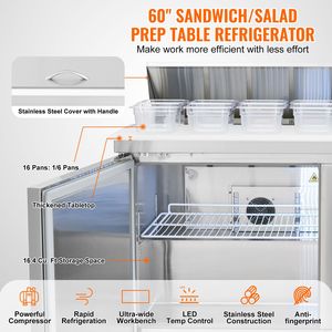 Tavolo Refrigerato Professionale in Acciaio Inox da 60 Pollici per Preparazione Sandwich e Insalate, 16,4 Cu. Ft. Attrezzature di Refrigerazione per Cucine Commerciali - Product Image 2