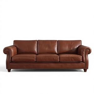 Sofá Chesterfield Clásico de Cuero Marrón de 3 Plazas con Brazos Enrollados y Adornos de Tachuelas, Estilo Vintage, para Sala de Estar u Oficina - Product Image 1