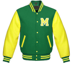 Veste universitaire verte et jaune avec lettre M brodée sur le devant, veste en coton de style preppy pour homme, vêtement d'automne - Product Image 1